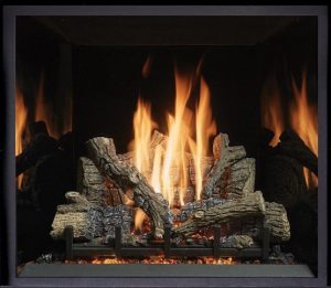 This is an image of a sleek ProBuilder 42 CF gas fireplace by Fireplace X featuring the Black Glass Interior