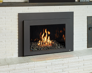 Image of the 616 mod-fyre gas fireplace insert featuring a contemporary lava rock burner by Fireplace Xtordinair with a link to the product page.