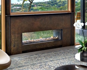 Image of a 130 Ortal Tunnel Gas Fireplace featuring Indoor-Outdoor compatibility with a link to the product page.