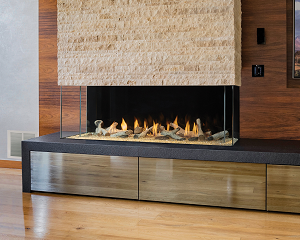 Image of a 72” x 20” Bay Firenze Fireplace featuring birch log set by DaVinci with a link to the product page.