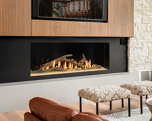 Image of a 60” x 20” Single-Sided Firenze Fireplace featuring driftwood log fyre-art by DaVinci with a link to the product page.