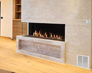 Image of a 66” x 20” Left Corner Firenze Fireplace by DaVinci featuring a sleek reflective black interior with a link to the product page.