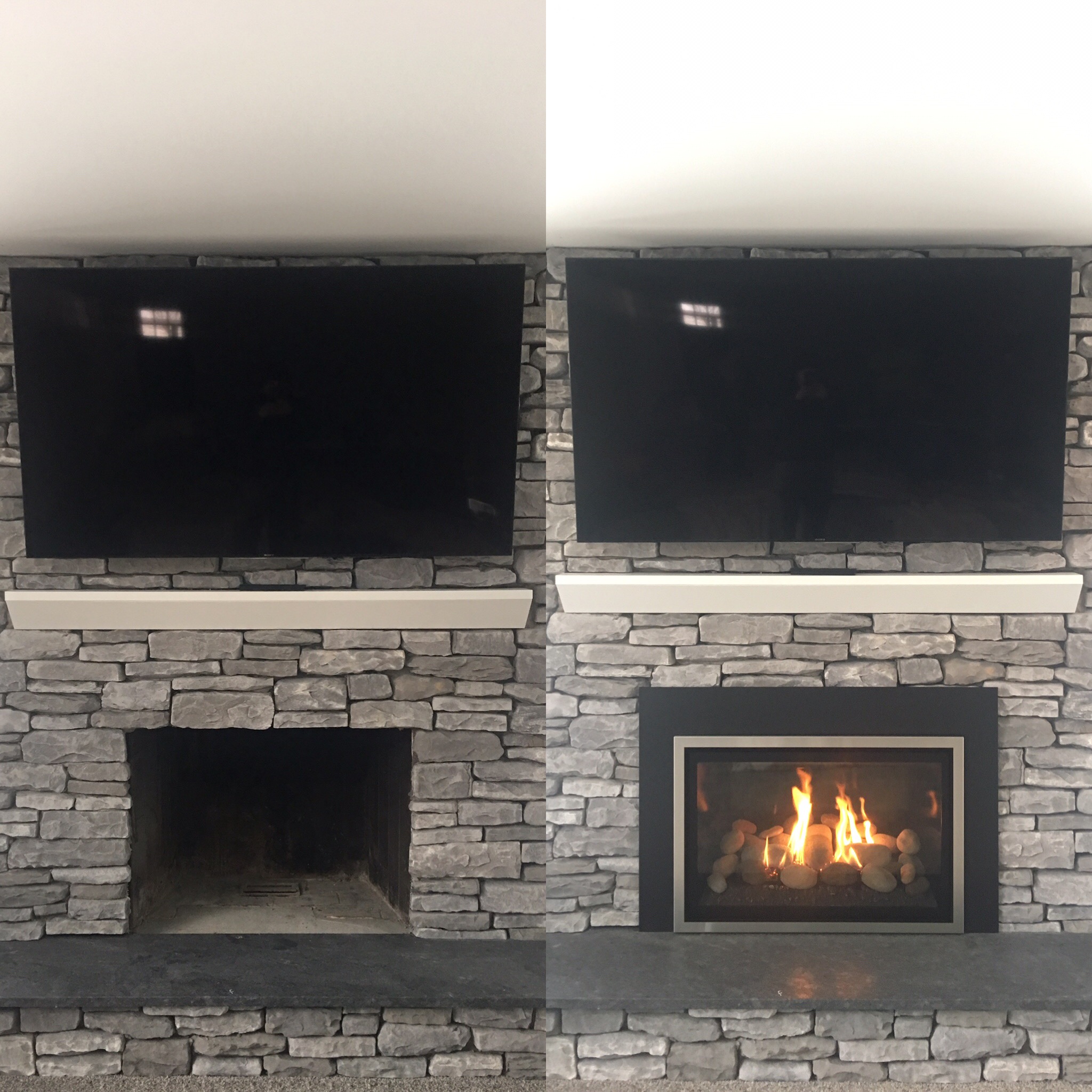 Image of a contemporary Chaska 34-Rock by Kozy Heat and the preexisting masonry fireplace as the before.