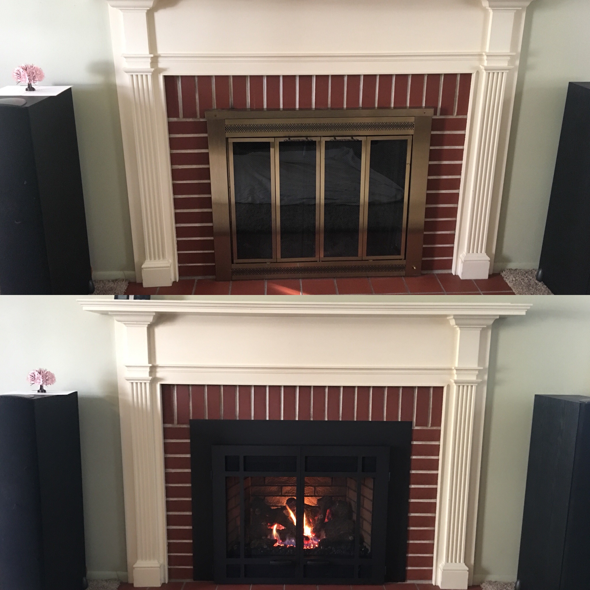 Image of a traditional 34DVL gas insert by Fireplace Xtordinair and the preexisting masonry fireplace as the before.