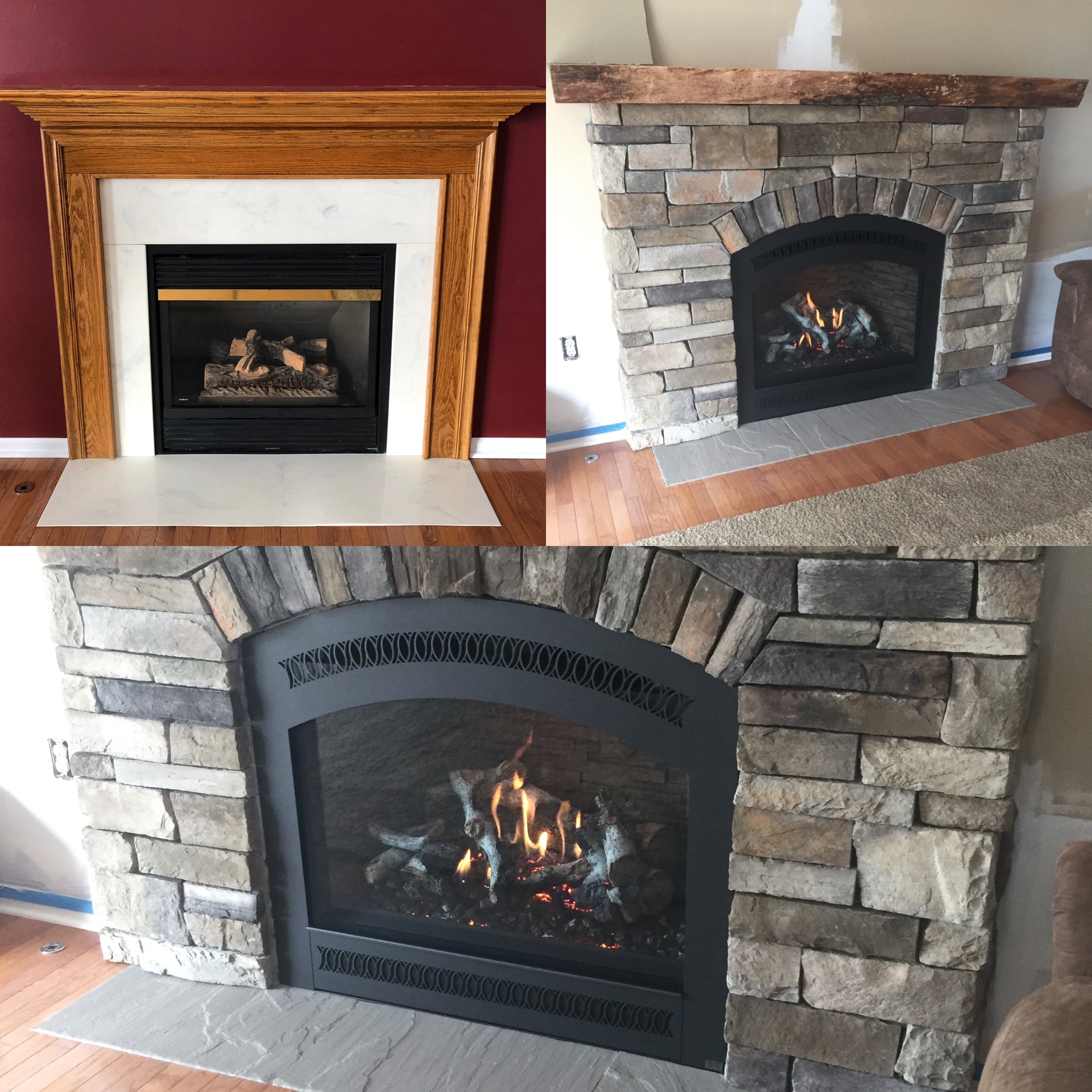 Image of a traditional 864TRV by Fireplace Xtordinair and the preexisting gas fireplace as the before.