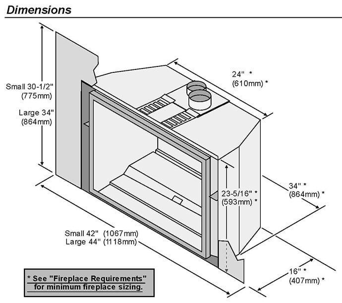 616 Diamond-Fyre Image of the 616 by Fireplace Xtordinair and manufacturer's dimensions