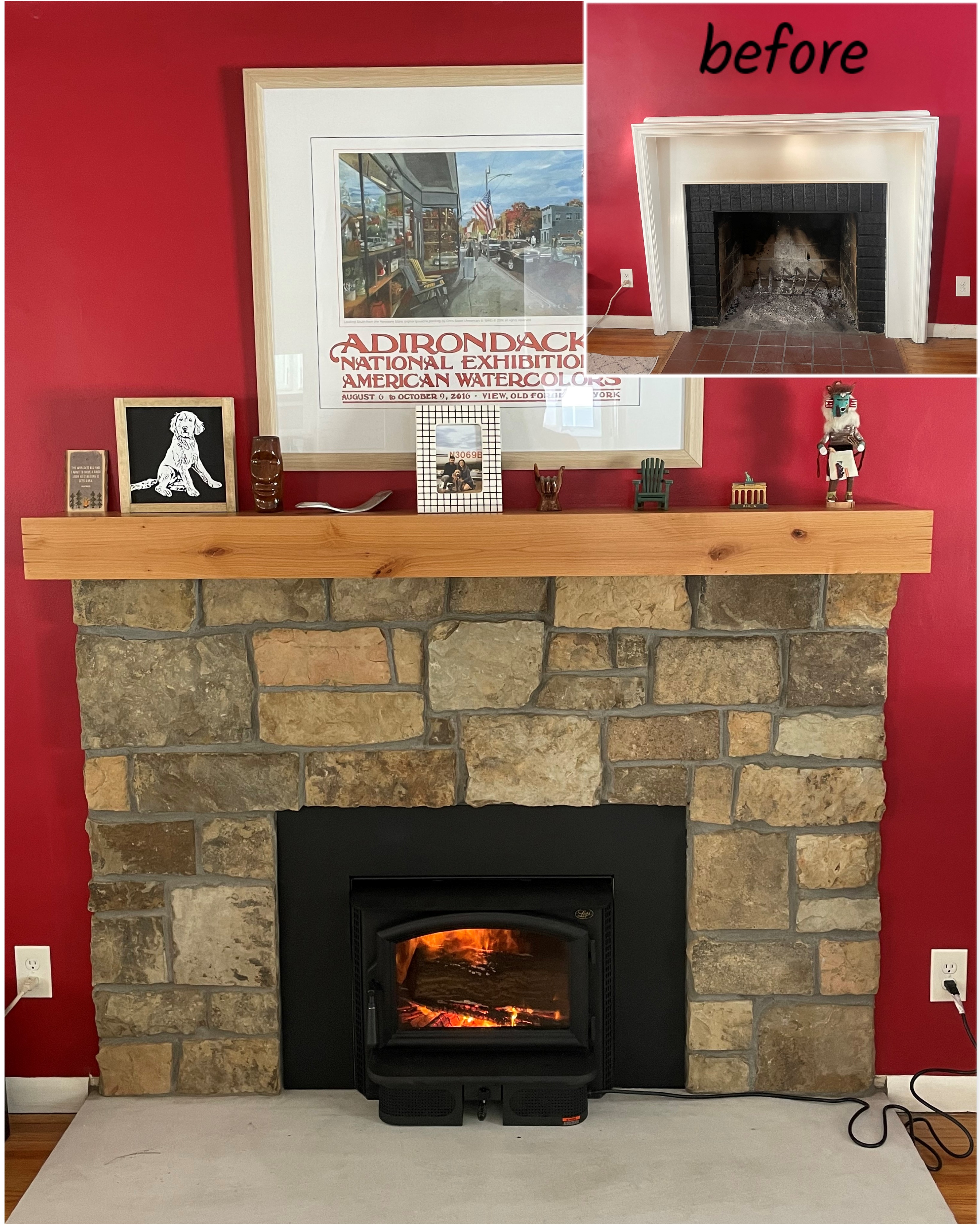 Image of an Answer Wood Insert by Lopi featuring a rustic Cultured Stonework and rustic beam Mantle.