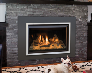 Image of a Chaska 34-glass gas fireplace insert featuring a contemporary burner by Kozy Heat with a link to the product page.