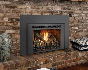 This is an image of the 430 gas fireplace insert featuring a traditional oak log set by Fireplace Xtordinair with a link to the product page.