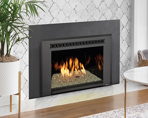 Image of the 430 gas fireplace insert featuring a contemporary glass burner by Fireplace Xtordinair with a link to the product page.