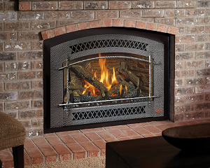Photo of the 34DVL gas fireplace insert featuring a traditional oak log set by Fireplace Xtordinair with a link to the product page.