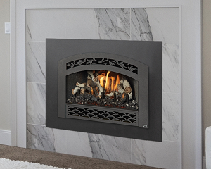 Photo of the 32 DVS gas fireplace insert featuring a traditional oak log set by FireplaceX with a link to the product page