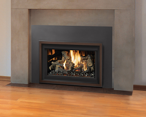 This is an image of the 32DVS gas fireplace insert featuring a traditional oak log set by Lopi with a link to the product page.