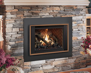 This is an image of the 34DVL gas fireplace insert featuring a traditional oak log set by Lopi with a link to the product page.