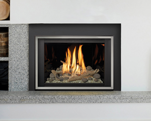 Photo of the 430 mod-fyre gas fireplace insert featuring a contemporary glass burner by Lopi with a link to the product page.