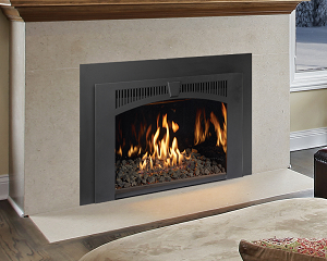 Photo of the 616 mod-fyre gas fireplace insert featuring a contemporary lava rock burner by Lopi with a link to the product page.