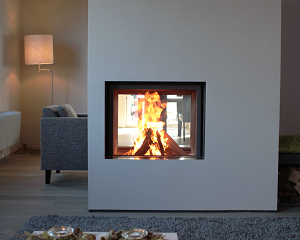 Image of the sleek Stuv 21-85 Dual-Facing Wood Fireplace with a link to the product page.