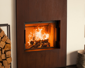 Image of the sleek Stuv 21-85 Wood Fireplace with a link to the product page.