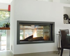 Image of the sleek Stuv 21-125 Dual-Facing Wood Fireplace with a link to the product page.