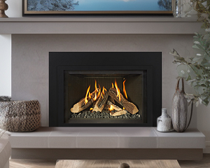 Image of an Ortal 34 Gas Insert featuring a sleek Painted Black Front and Wilderness Series burner with a link to the product page.