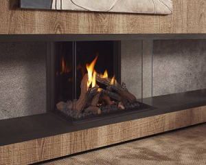 Image of an Ortal 25H Three Sided Gas Fireplace featuring the Wilderness Burner with a link to the product page.