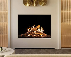 Image of a 44HH Front Facing Fireplace by Ortal featuring their Wilderness Log set with a link to the product page.