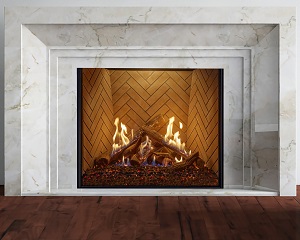 Image of an Ortal Traditional Series Gas Fireplace featuring Wilderness Log set with a link to the product page.