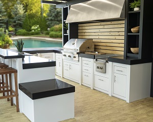 Image of Custom Outdoor Kitchen by Stoll Industries featuring a sleek white cabinet finish and a link to their product page.